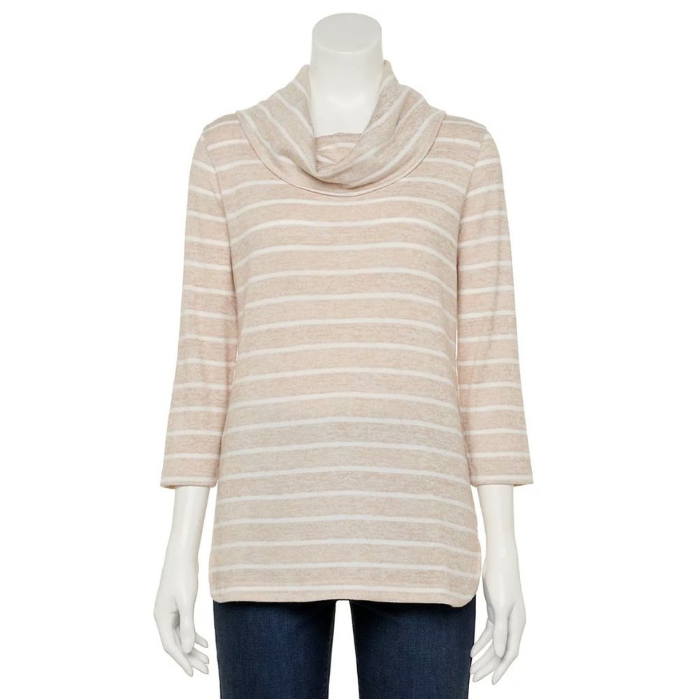 Women's Croft & Barrow 3/4 Sleeve Cowlneck Top Beige Stripe Size XXL $40.00